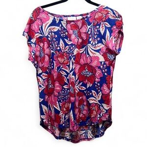 Sigrid Olsen Linen Floral Scoop Neck Women’s Top in Blue and Pink
